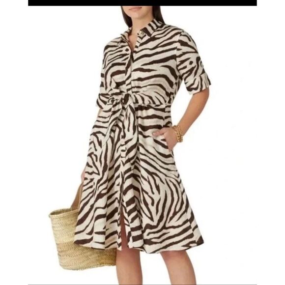 Lauren Ralph Lauren Dresses & Skirts - Ralph Lauren Shirt Dress 14 100% Linen Zebra Safari Print Waist Tie 3/4 Sleeve